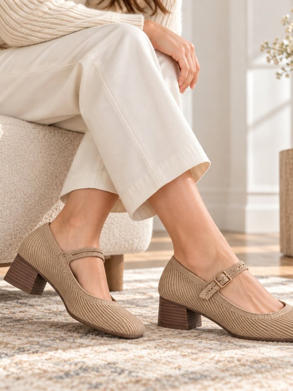 VIVAIA Beige Knit Mary Jane Block Heels EU 38.5 | BRAND NEW NWOT